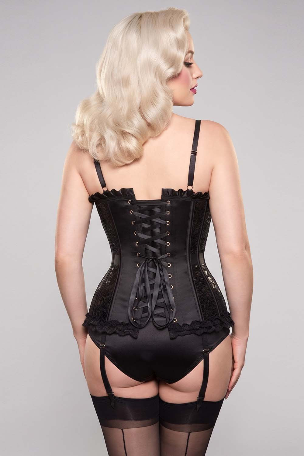 VIVIEN Sequin with Satin Burlesque Overbust Corset CWL—1786 on model — back view