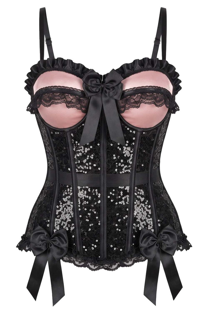VIVIEN Sequin with Satin Burlesque Overbust Corset CWL—1786 by Luxe Noir — front view