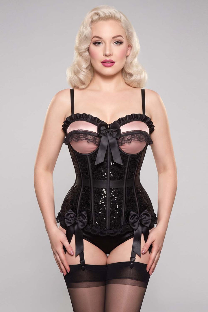 VIVIEN Sequin with Satin Burlesque Overbust Corset CWL—1786 on model — front view