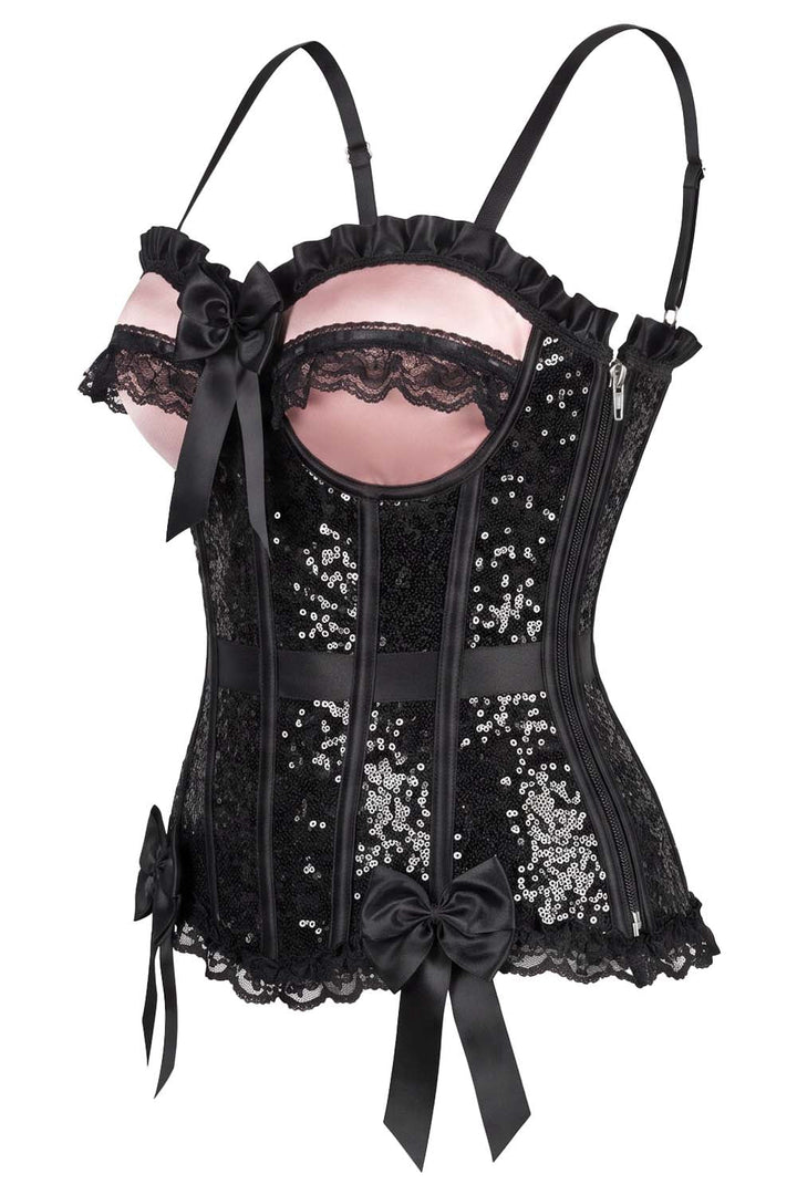 VIVIEN Sequin with Satin Burlesque Overbust Corset CWL—1786 by Luxe Noir — side view